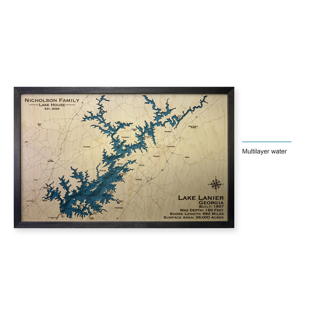 Lake Lanier, Georgia Wood Map — style-labeled photo [MC20261006 q4258 75c411a77363]