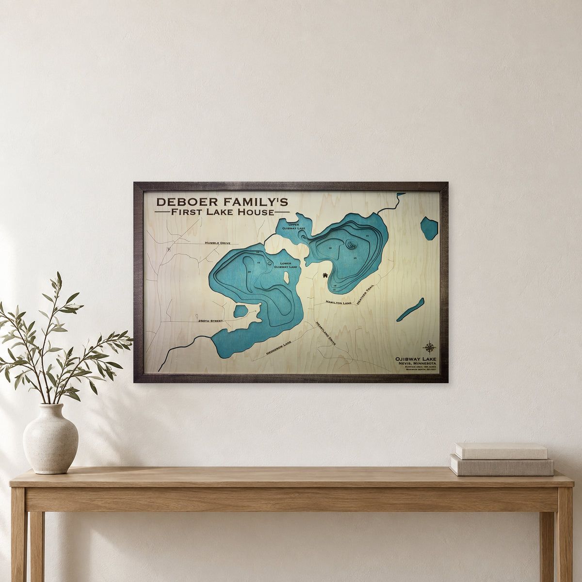 Ojibway Lake, Nevis, Minnesota Wood Map — room mockup [MC20261006 q4262 26d3882deff3]