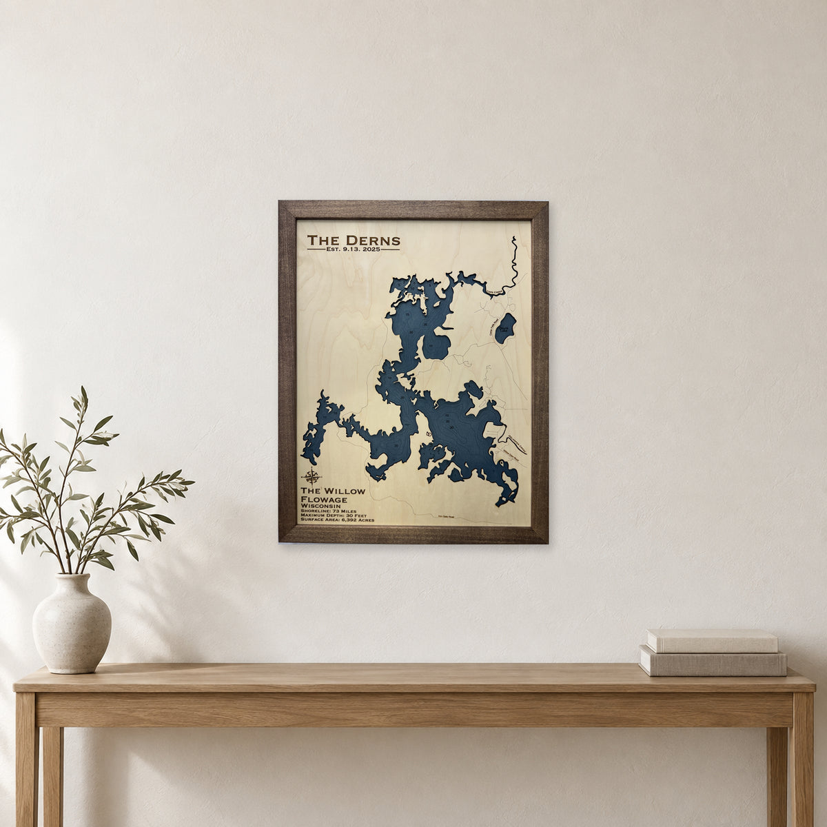 Willow Flowage, Wisconsin Wood Map — room mockup [MC20261006 q4294 0b0380ccd586]