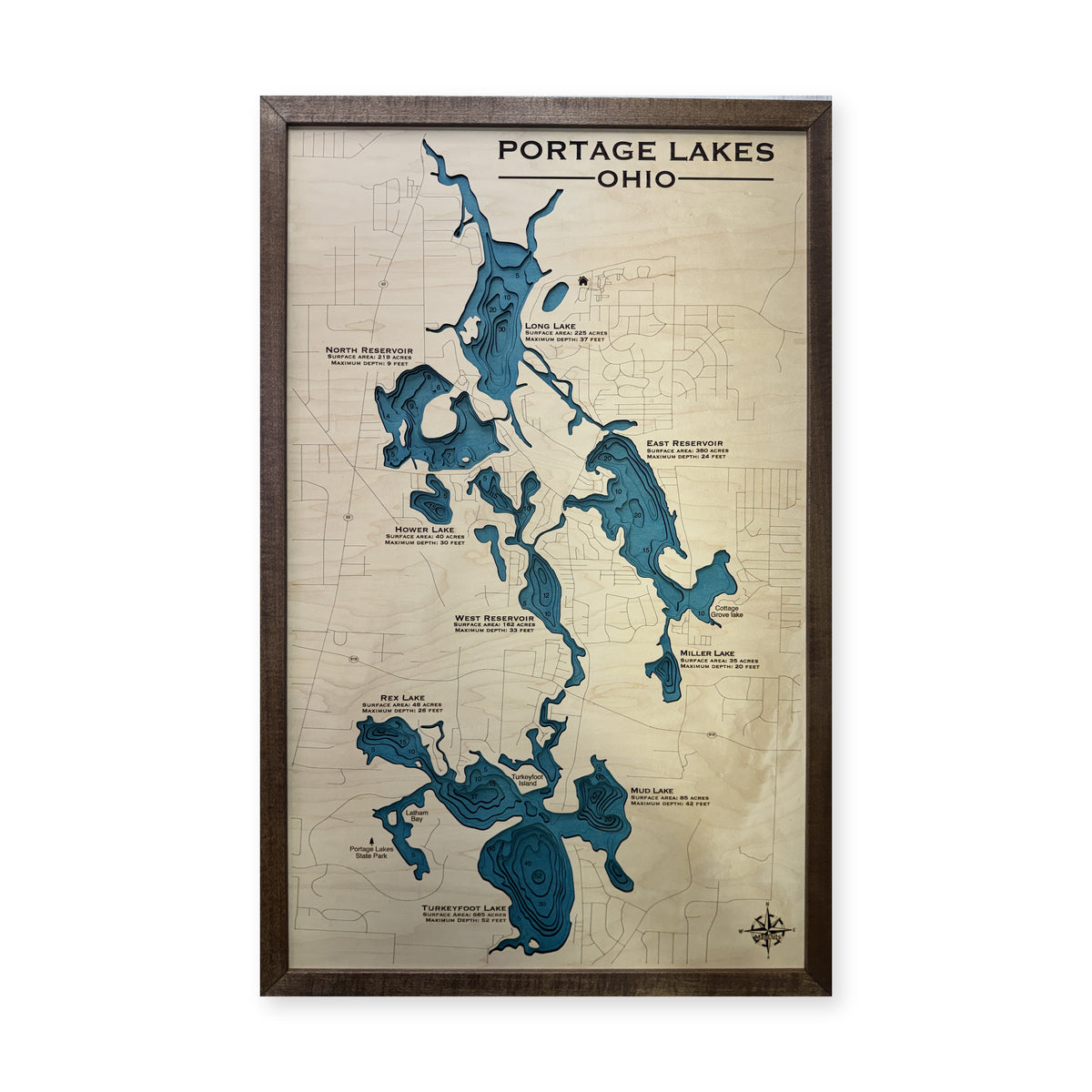 Portage Lakes, Summit County, OH, Wood Map — 1 water layer with engraved contours main photo [MC20261006 q4299 588e196ceb39]