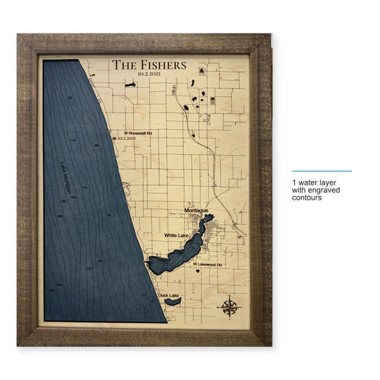 White Lake and Lake Michigan, Montague, Michigan Wood Map — style-labeled photo [MC20261006 q4304 d582783c1509]