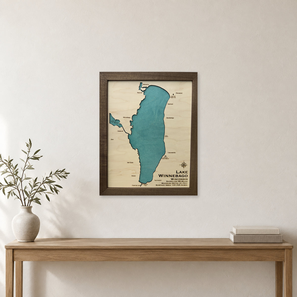 Lake Winnebago, Wisconsin Wood Map — room mockup [MC20261006 q4313 a824fdc17107]