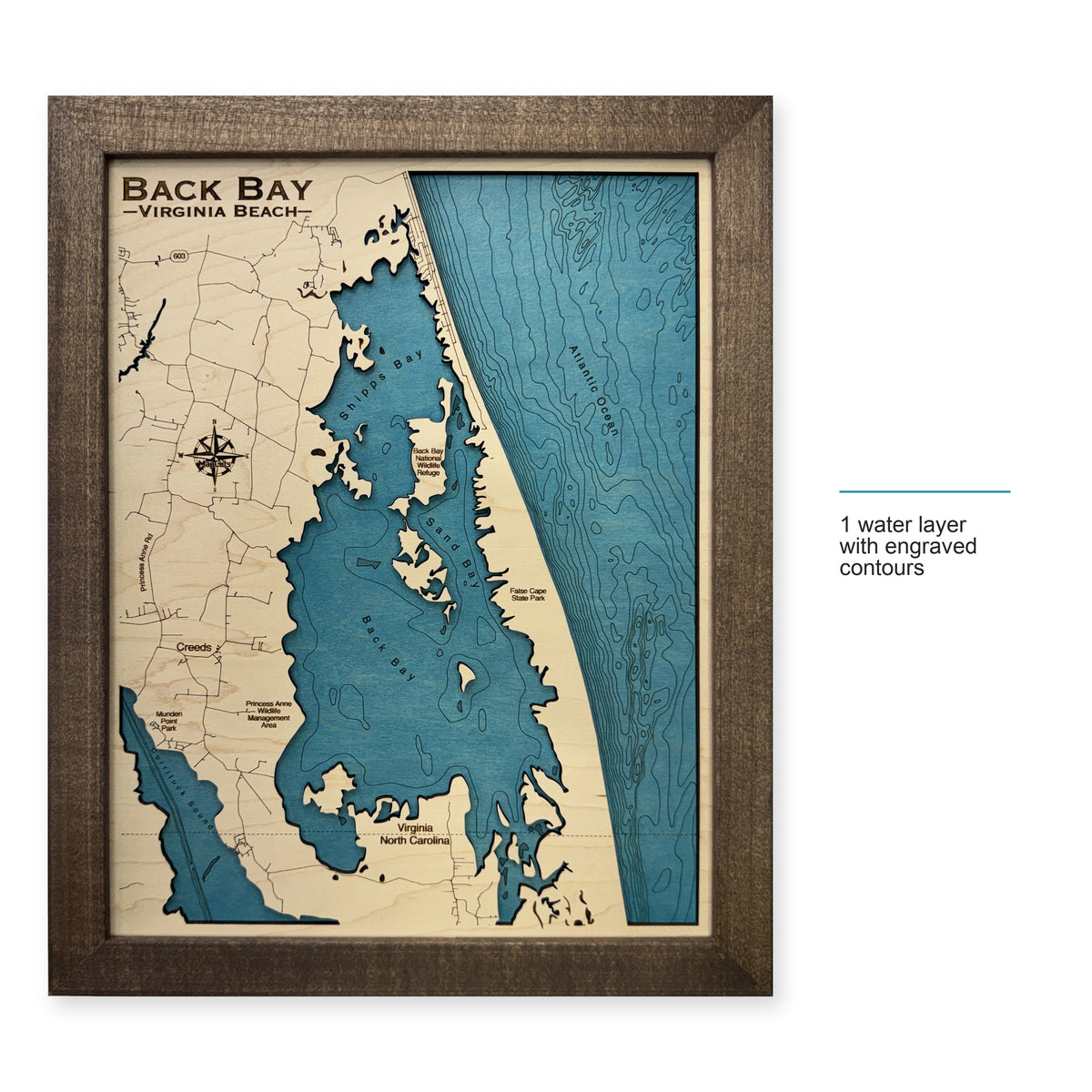Back Bay, Virginia Beach, Virginia Wood Map — style-labeled photo [MC20261006 q4315 108a17b22625]