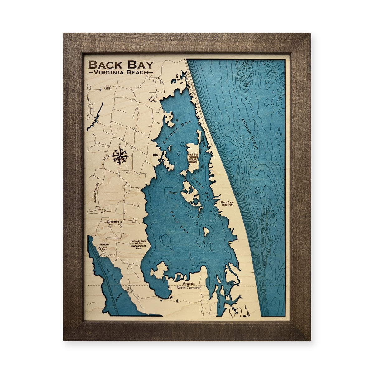 Back Bay, Virginia Beach, Virginia Wood Map — plain-background photo [MC20261006 q4315 dbb62872e892]