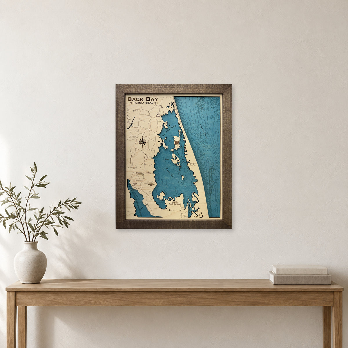 Back Bay, Virginia Beach, Virginia Wood Map — room mockup [MC20261006 q4315 ebfe35a3eae6]