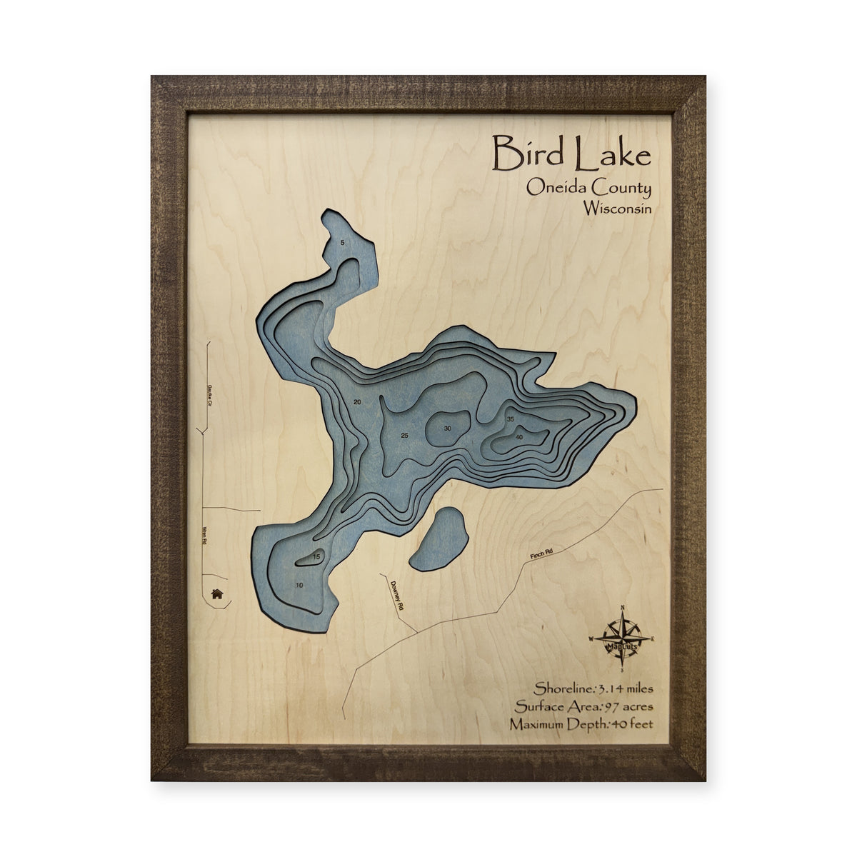 Bird Lake, Lake Tomahawk, Wisconsin Wood Map — multilayer main photo [MC20261006 q4352 3c4803a77c5a]