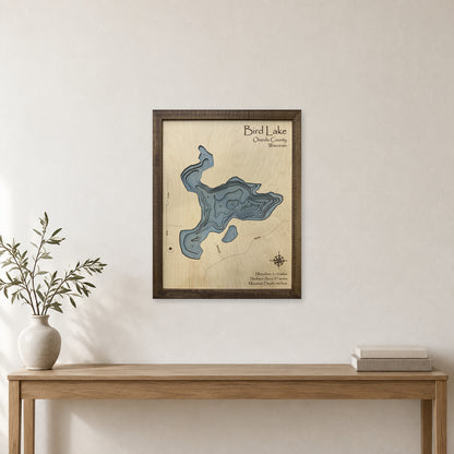 Bird Lake, Lake Tomahawk, Wisconsin Wood Map — room mockup [MC20261006 q4352 f6caecd4852f]