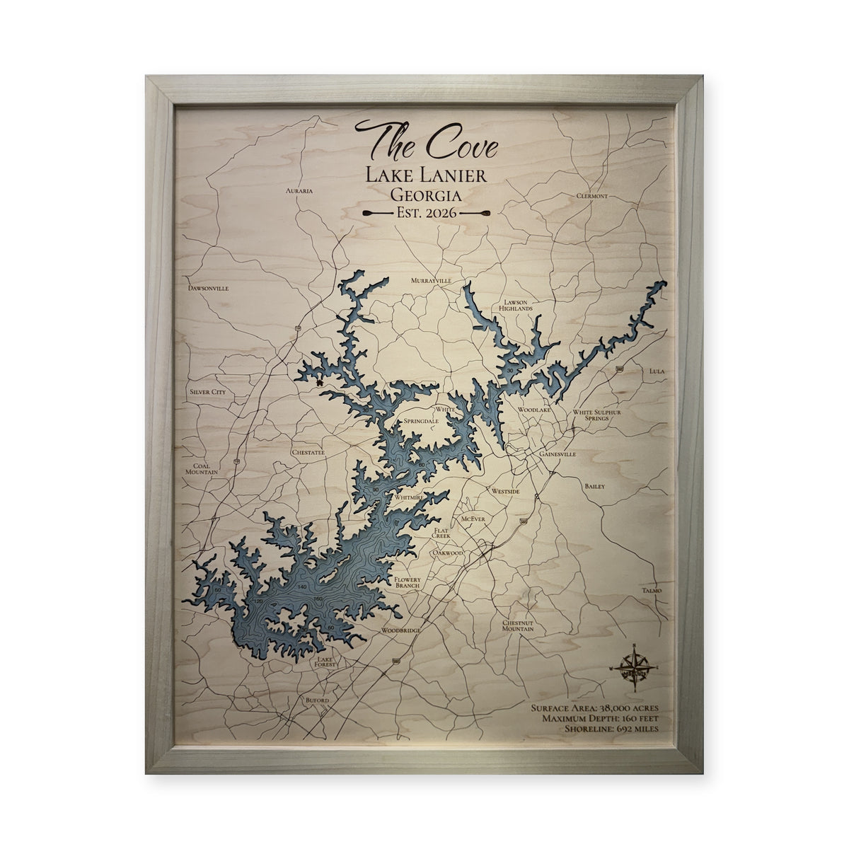 Lake Lanier, Georgia Wood Map — plain-background photo [MC20261006 q4353 141d43f01273]