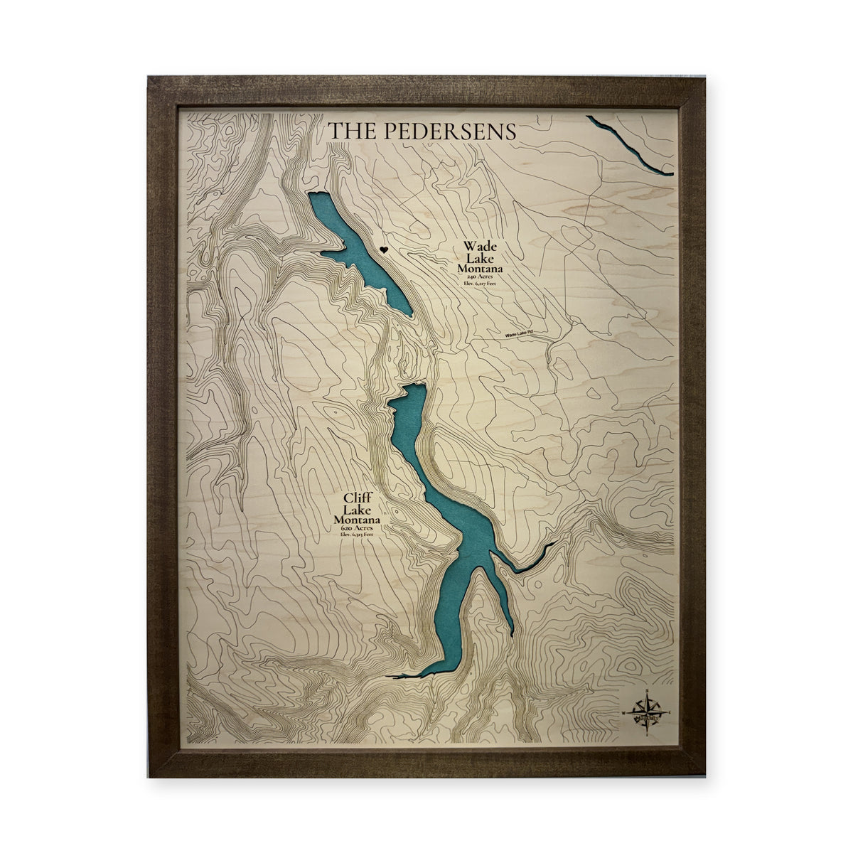 Wade Lake and Cliff Lake, Montana Wood Map — plain-background photo [MC20261006 q4356 9062d5a16a09]