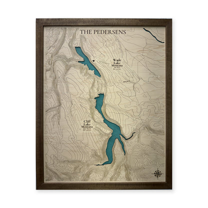 Wade Lake and Cliff Lake, Montana Wood Map — plain-background photo [MC20261006 q4356 9062d5a16a09]