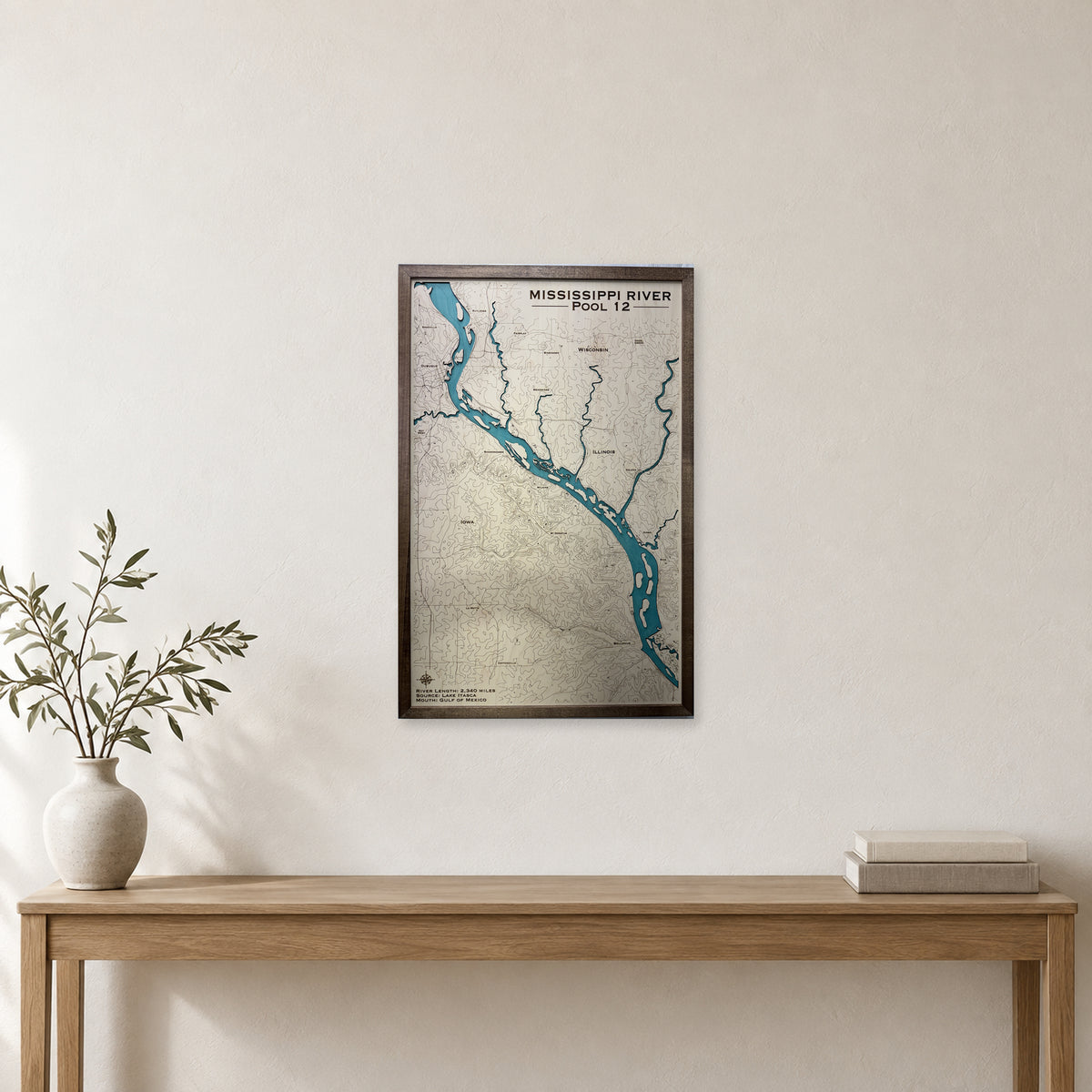 Mississippi River, Iowa Wood Map — room mockup [MC20261006 q4380 dadb7d8529e7]