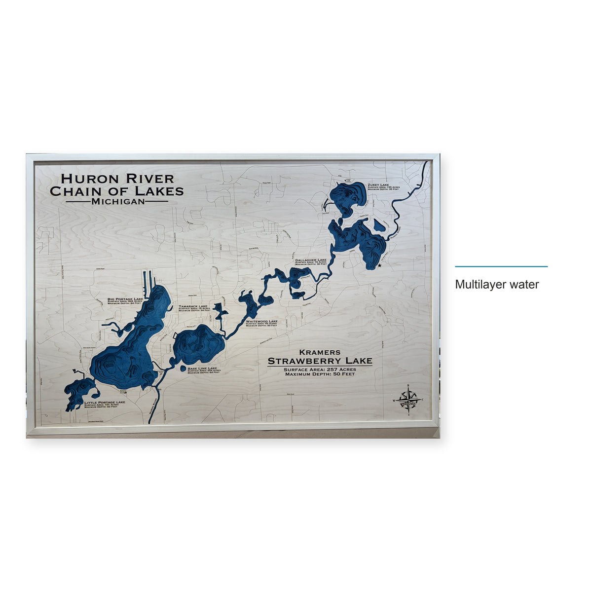 Huron River Chain of Lakes, Michigan Wood Map — style-labeled photo [MC20261006 q4394 4c018d4f1847]