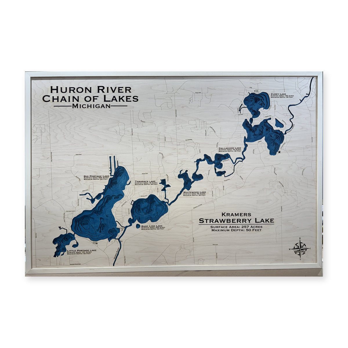 Huron River Chain of Lakes, Michigan Wood Map — plain-background photo [MC20261006 q4394 52c4428f2579]