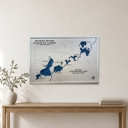 Huron River Chain of Lakes, Michigan Wood Map — room mockup [MC20261006 q4394 efdb149d9715]