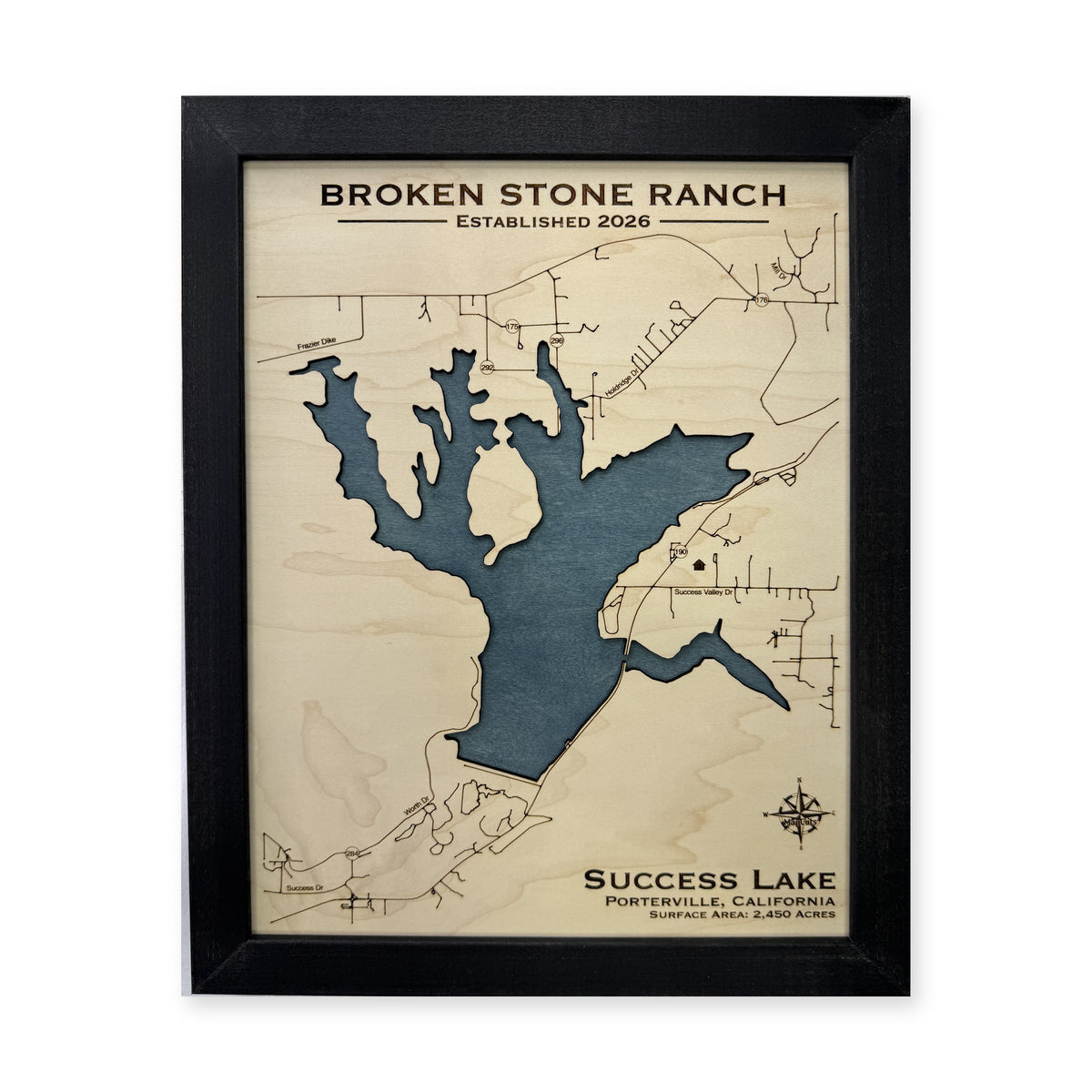 Success Lake, Porterville, California Wood Map — plain-background photo [MC20261006 q4398 364a8c8ef871]