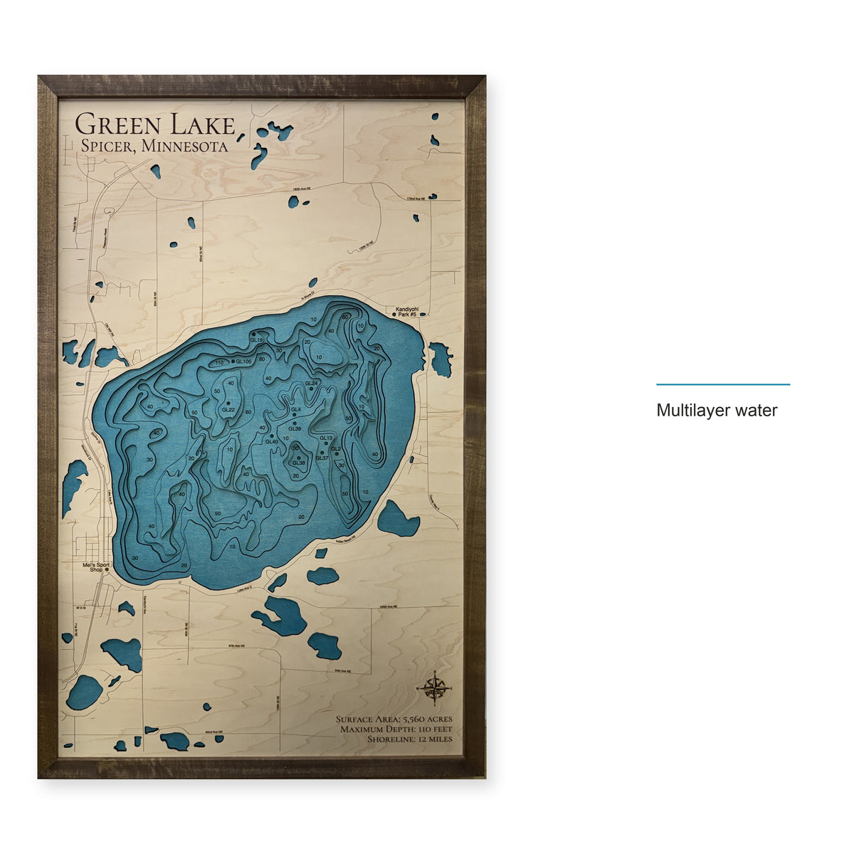 Green Lake, Spicer, Minnesota Wood Map — style-labeled photo [MC20261006 q4404 a2acbf5f4318]