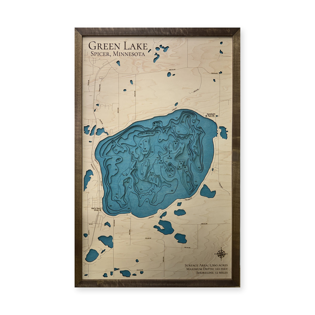 Green Lake, Spicer, Minnesota Wood Map — plain-background photo [MC20261006 q4404 dd351e2a7891]