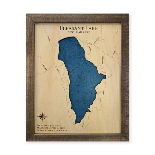Pleasant Lake, Deerfield and Northwood, New Hampshire Wood Map — 1 water layer with engraved contours main photo [MC20261006 upright d6f07685b16d]