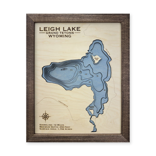 Leigh Lake, Grand Teton National Park, Wyoming Wood Map — Multilayer water main photo [MC20261006 upright fcb72b33f77b]