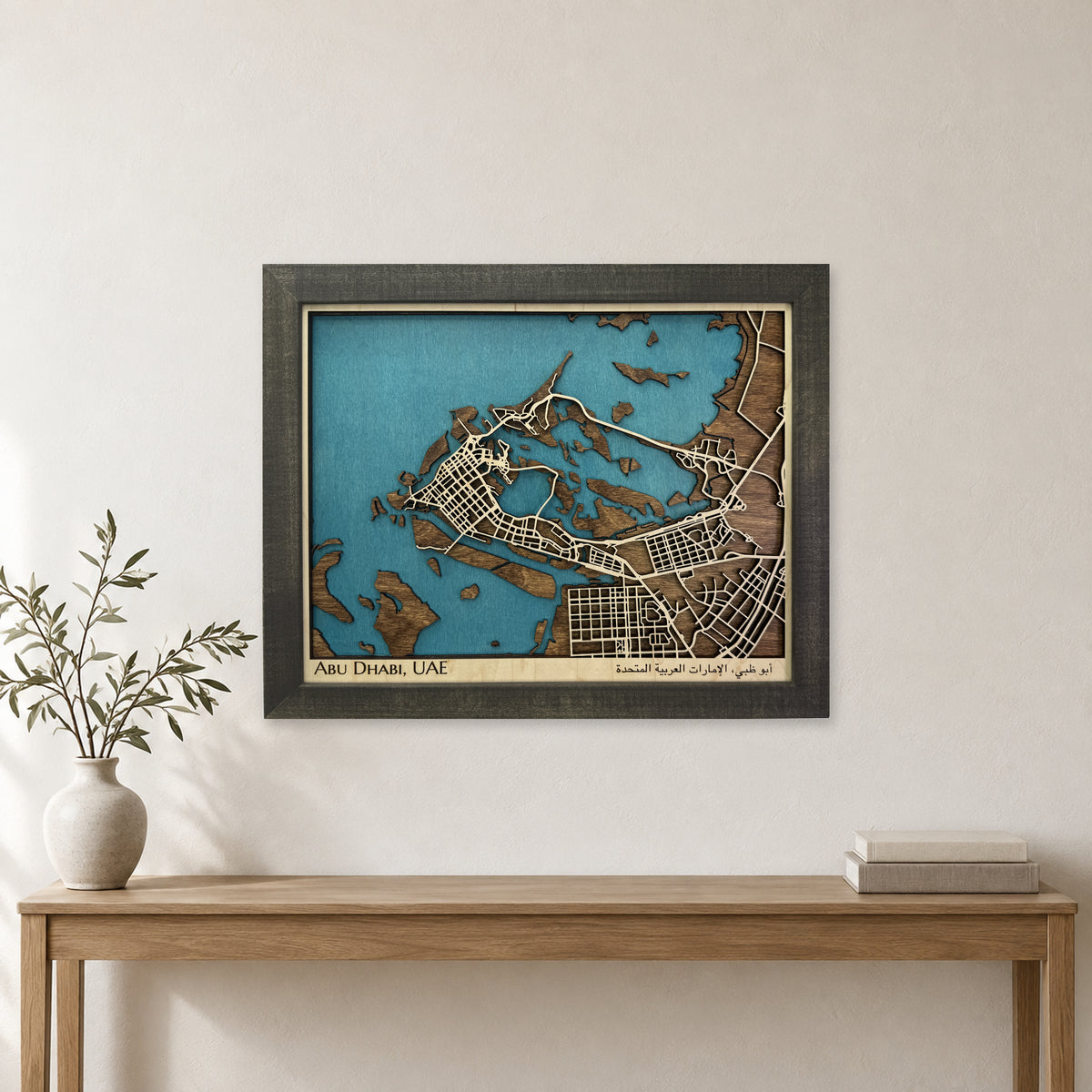 Abu Dhabi United Arab Emirates Wood City Map — room mockup [MC20261007 legacy 6b897b5b0538]