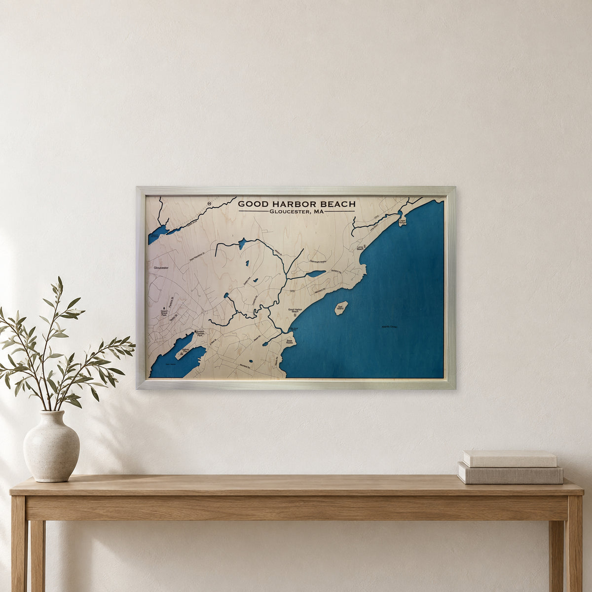 Good Harbor Beach Gloucester Massachusetts Wood Map — room mockup [MC20261007 legacy 43dbe3634938]