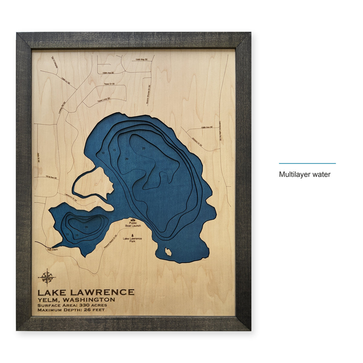 Lake Lawrence Yelm Washington Multilayer Wood Map — style-labeled photo [MC20261007 legacy 1cbf6018041c]