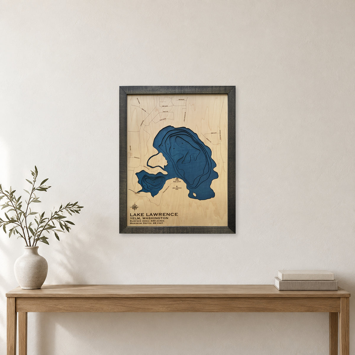 Lake Lawrence Yelm Washington Multilayer Wood Map — room mockup [MC20261007 legacy 2e56cce762ab]