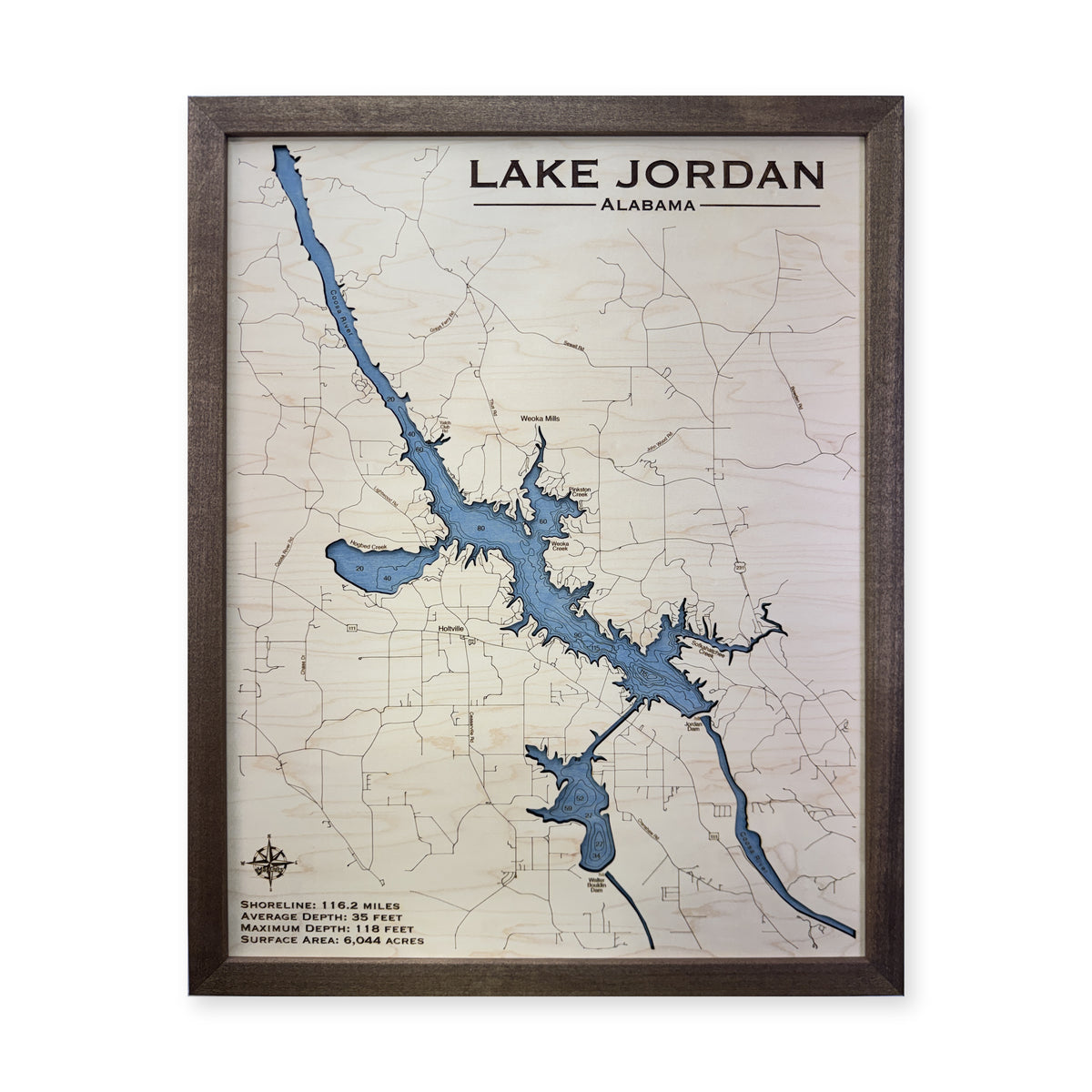 Lake Jordan, Alabama Wood Map — plain-background photo [MC20261007 q0253 2cb7d2dfb3b4]
