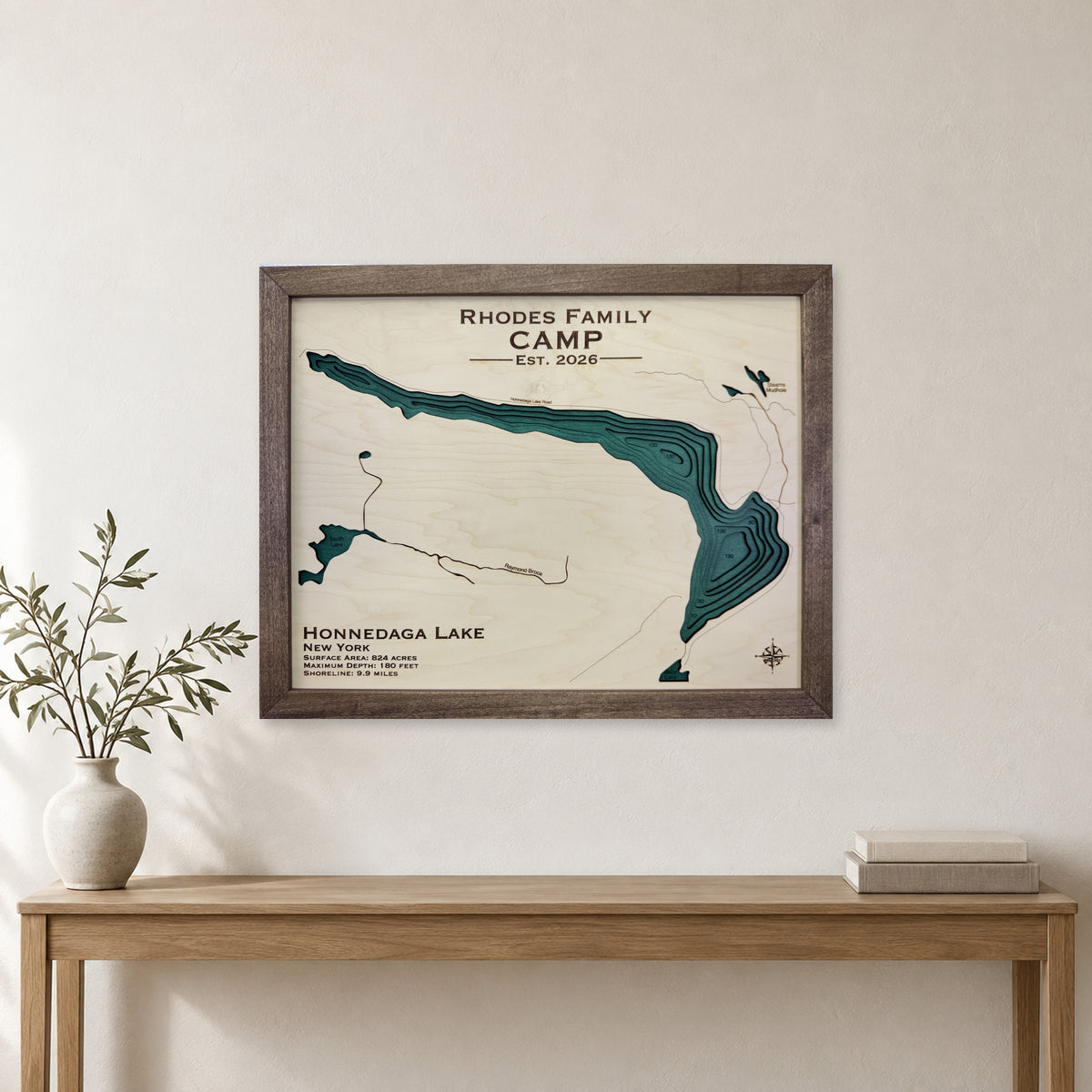 Honnedaga Lake, New York Wood Map — room mockup [MC20261007 q0283 d1f86103829f]