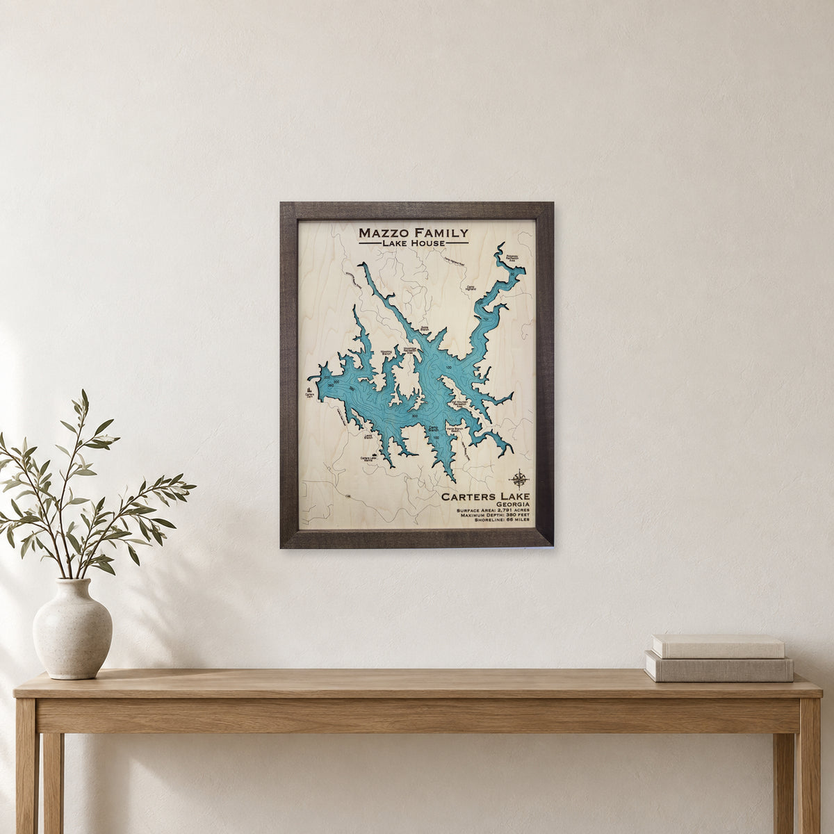 Carters Lake, Georgia Wood Map — room mockup [MC20261007 q0322 b1c7bf2bd50d]