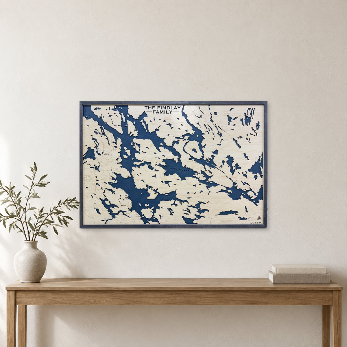 Lake Kipawa, Quebec Wood Map — room mockup [MC20261007 q0350 f86e9922dd7b]