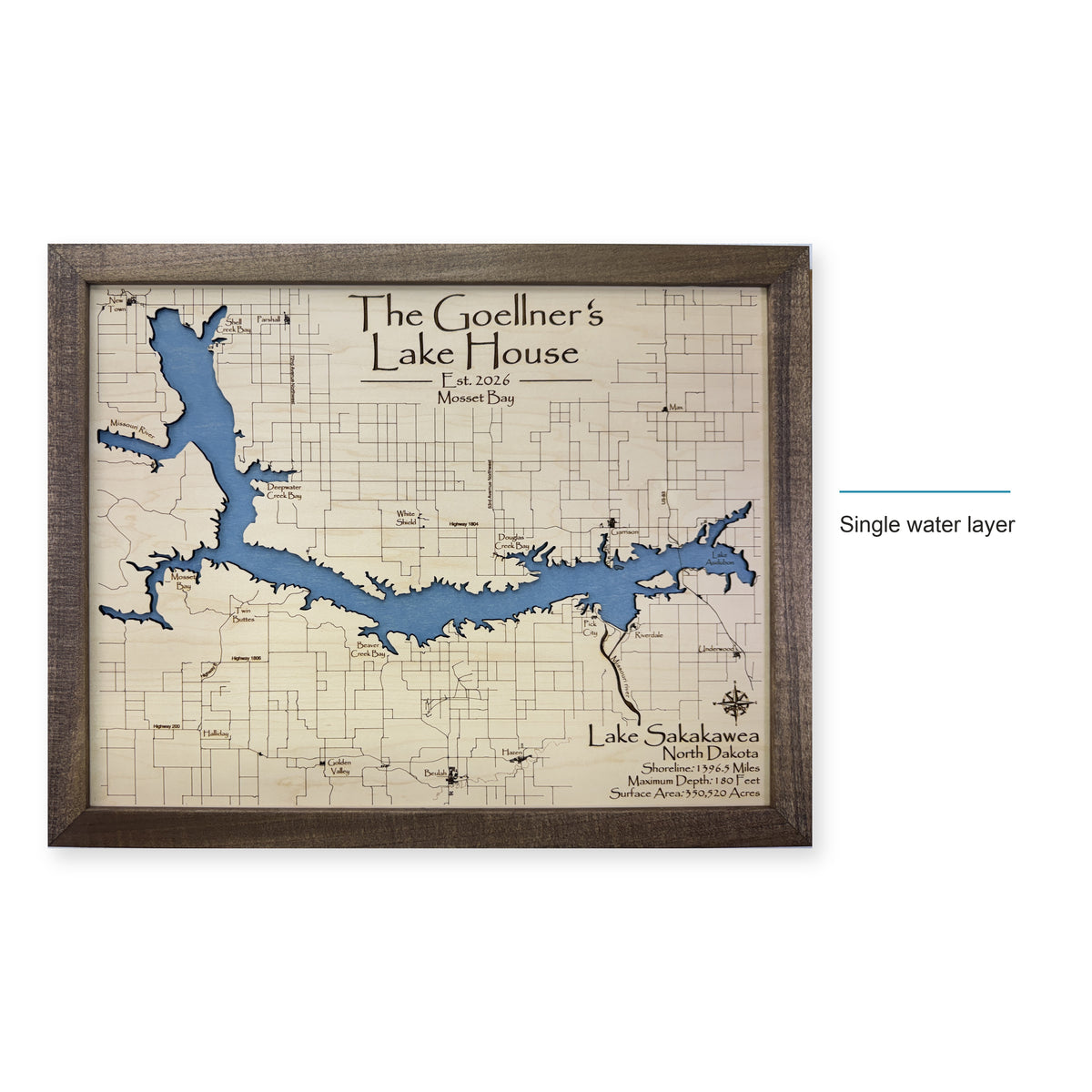 Lake Sakakawea, North Dakota Wood Map — style-labeled photo [MC20261007 q0376 b2b70565c1d9]