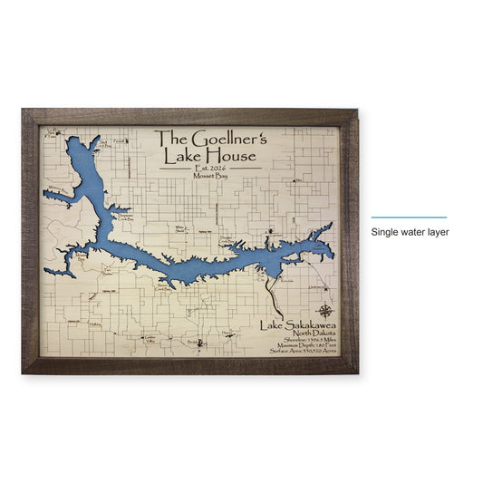 Lake Sakakawea, North Dakota Wood Map — style-labeled photo [MC20261007 q0376 b2b70565c1d9]