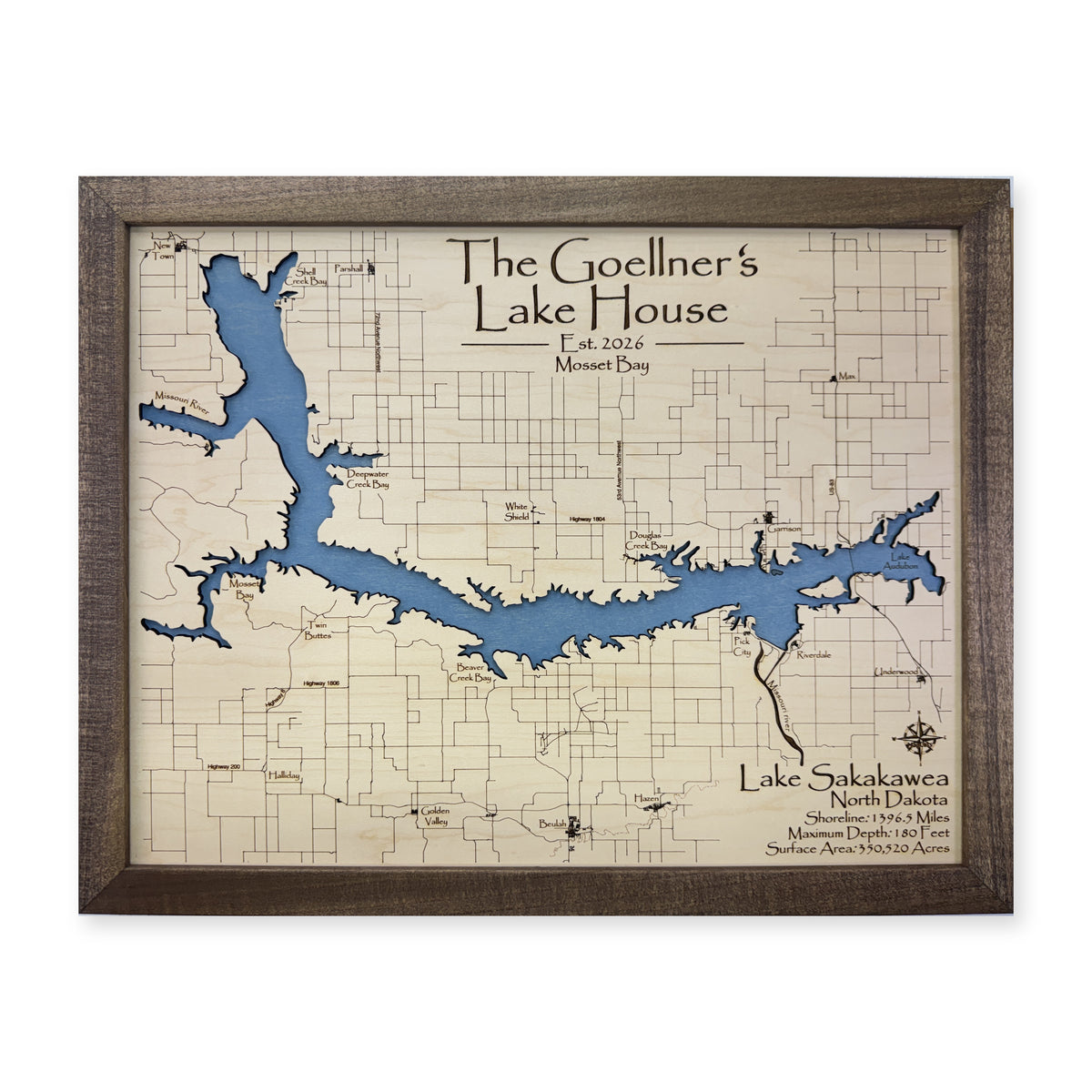 Lake Sakakawea, North Dakota Wood Map — plain-background photo [MC20261007 q0376 441ec1543d6b]