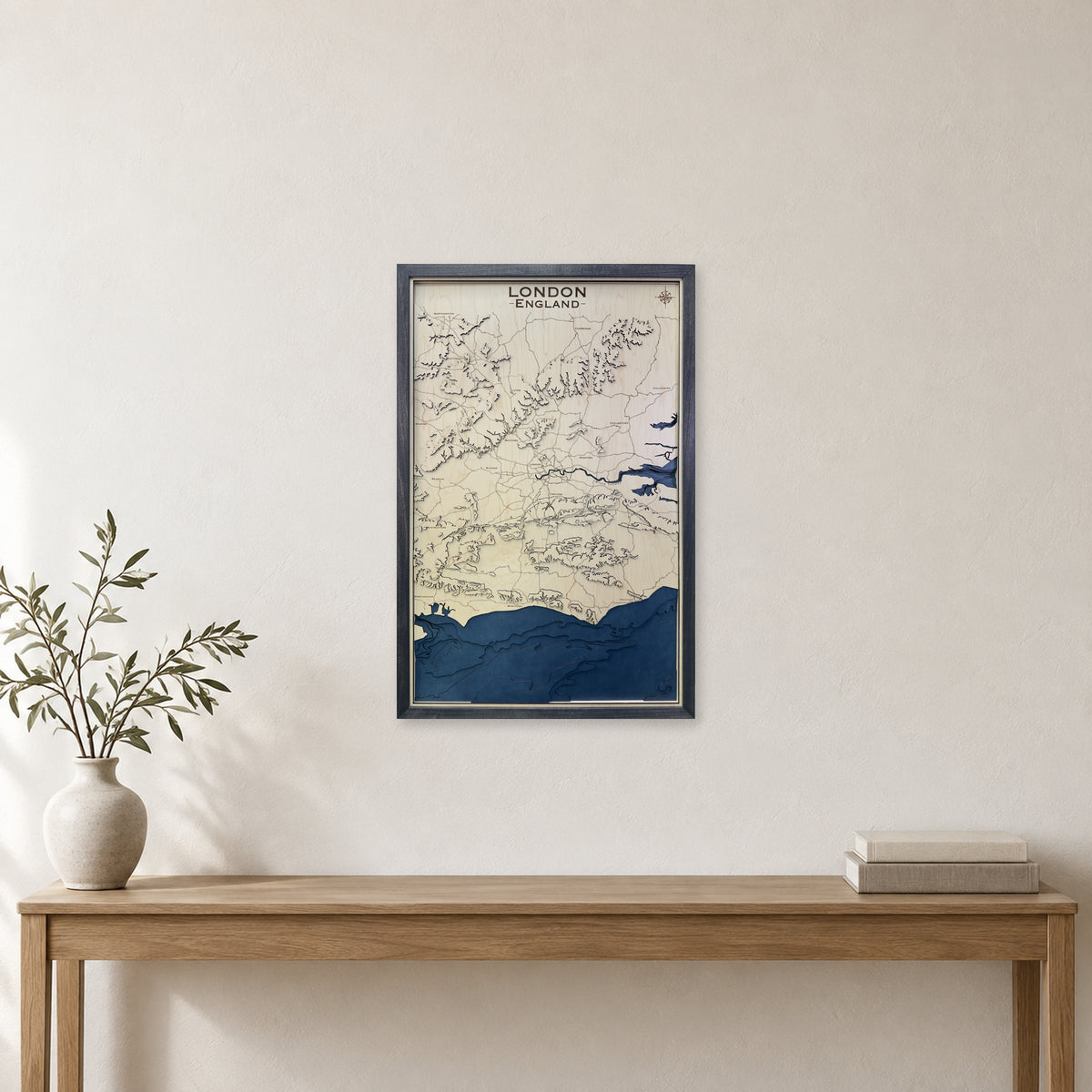 London and Southeast England Topographic Wood Map — room mockup [MC20261007 q0386 d6f2a8a05a8c]