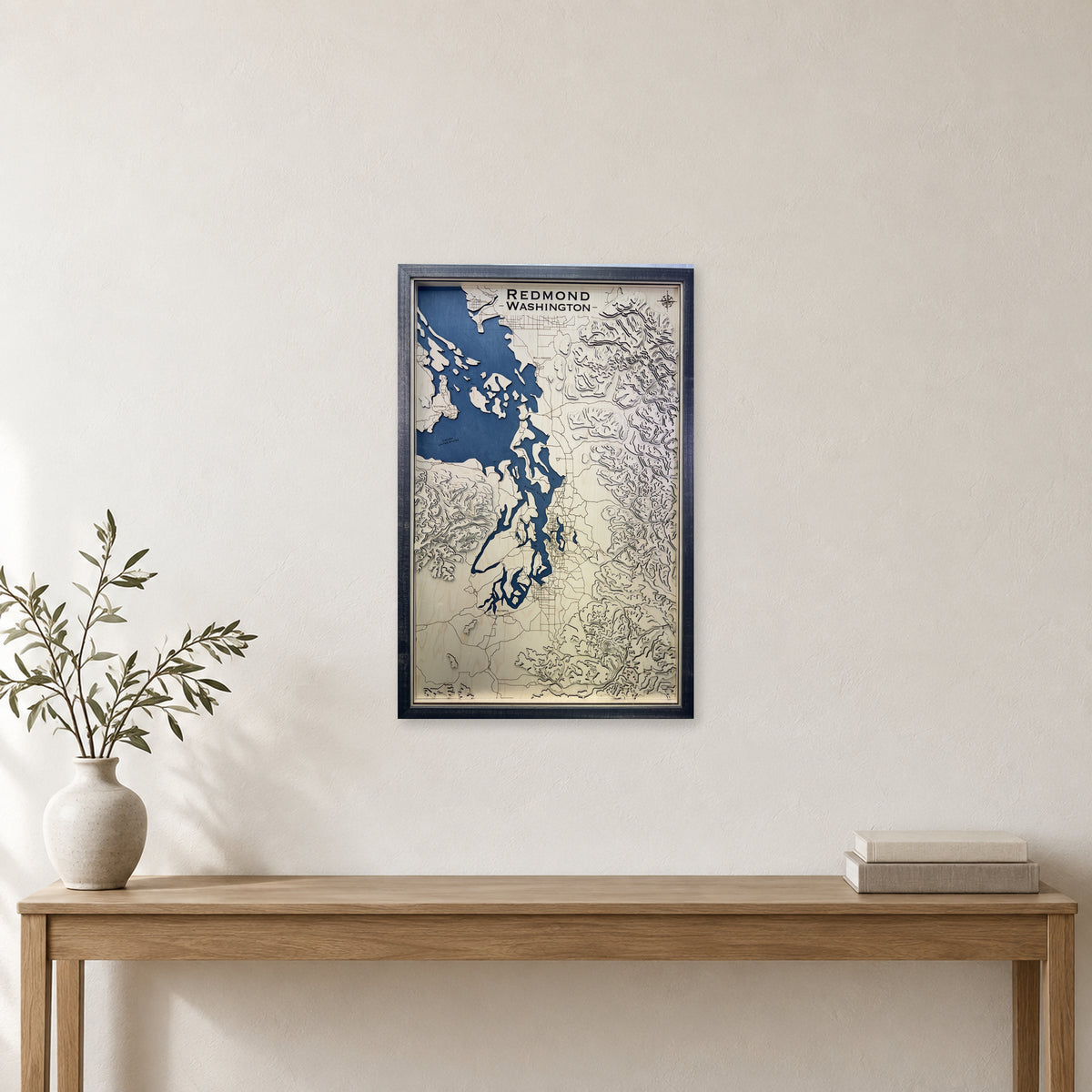 Redmond, Washington Topographic Multilayer Wood Map — room mockup [MC20261007 q0390 12947cbc92f9]