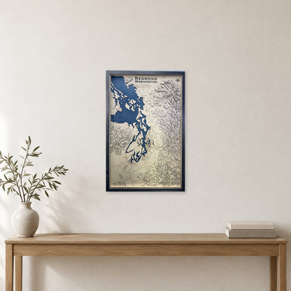 Redmond, Washington Topographic Multilayer Wood Map — room mockup [MC20261007 q0390 12947cbc92f9]