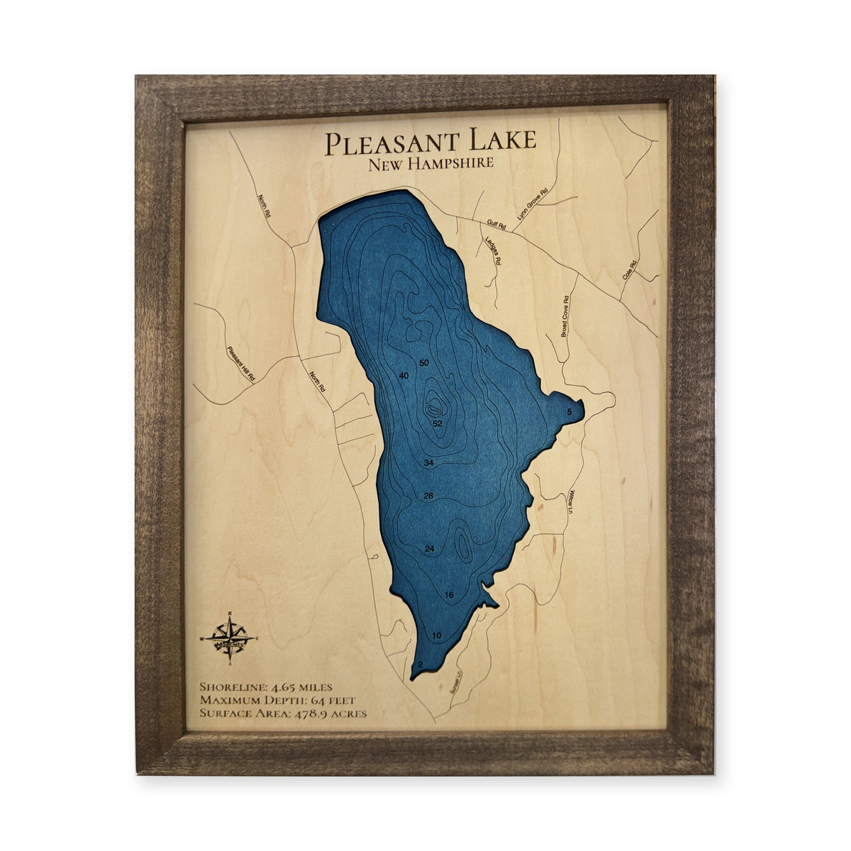 Pleasant Lake, Deerfield and Northwood, New Hampshire Wood Map — plain-background photo [MC20261007 q0428 c276b753b395]