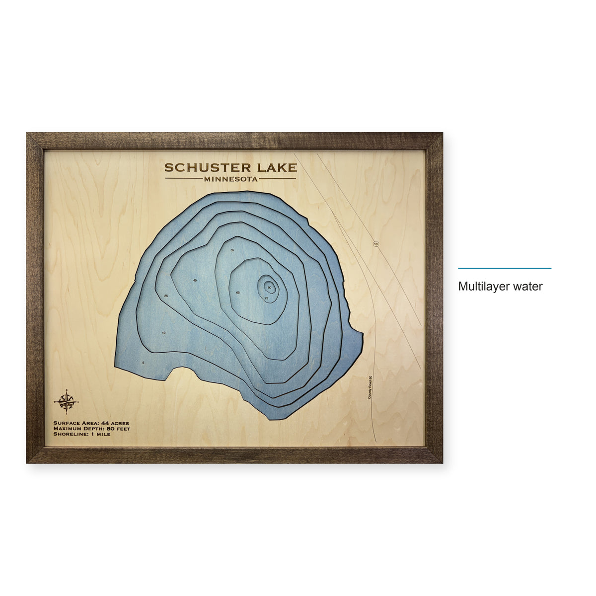 Schuster Lake Minnesota Multilayer Wood Map — style-labeled photo [MC20261007 q0429 87e7ce959f19]