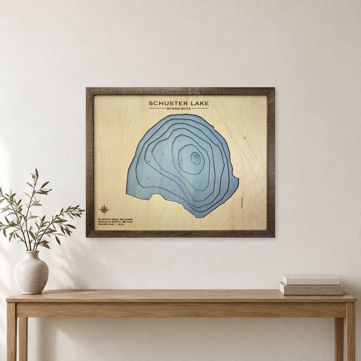 Schuster Lake Minnesota Multilayer Wood Map — room mockup [MC20261007 q0429 7ee2403b2ddd]
