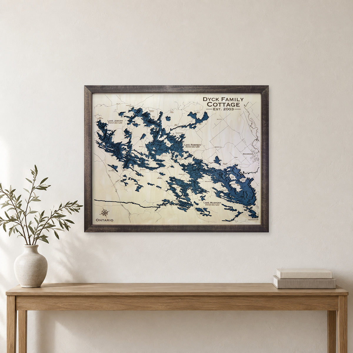 Lake Muskoka Rosseau and Joseph Ontario Wood Map — room mockup [MC20261007 q0431 abf61ae241e9]