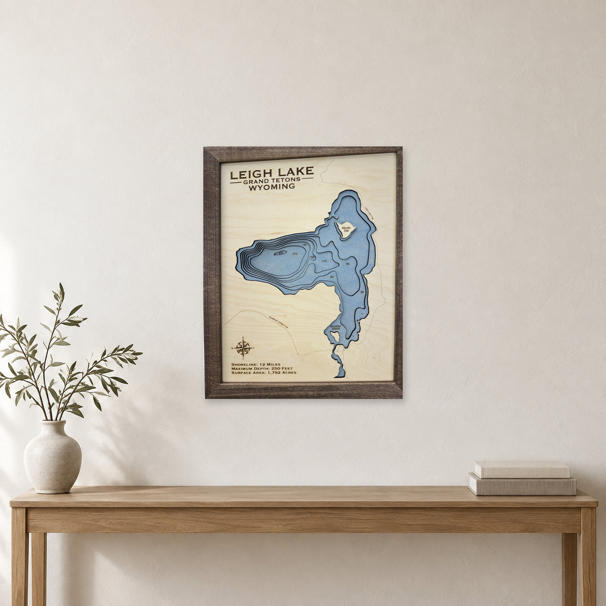 Leigh Lake, Grand Teton National Park, Wyoming Wood Map — room mockup [MC20261007 q0459 b153deb024d0]