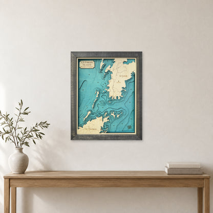 St John and St Thomas US Virgin Islands Wood Map — room mockup [MC20261007 q0461 42e28087a9f2]