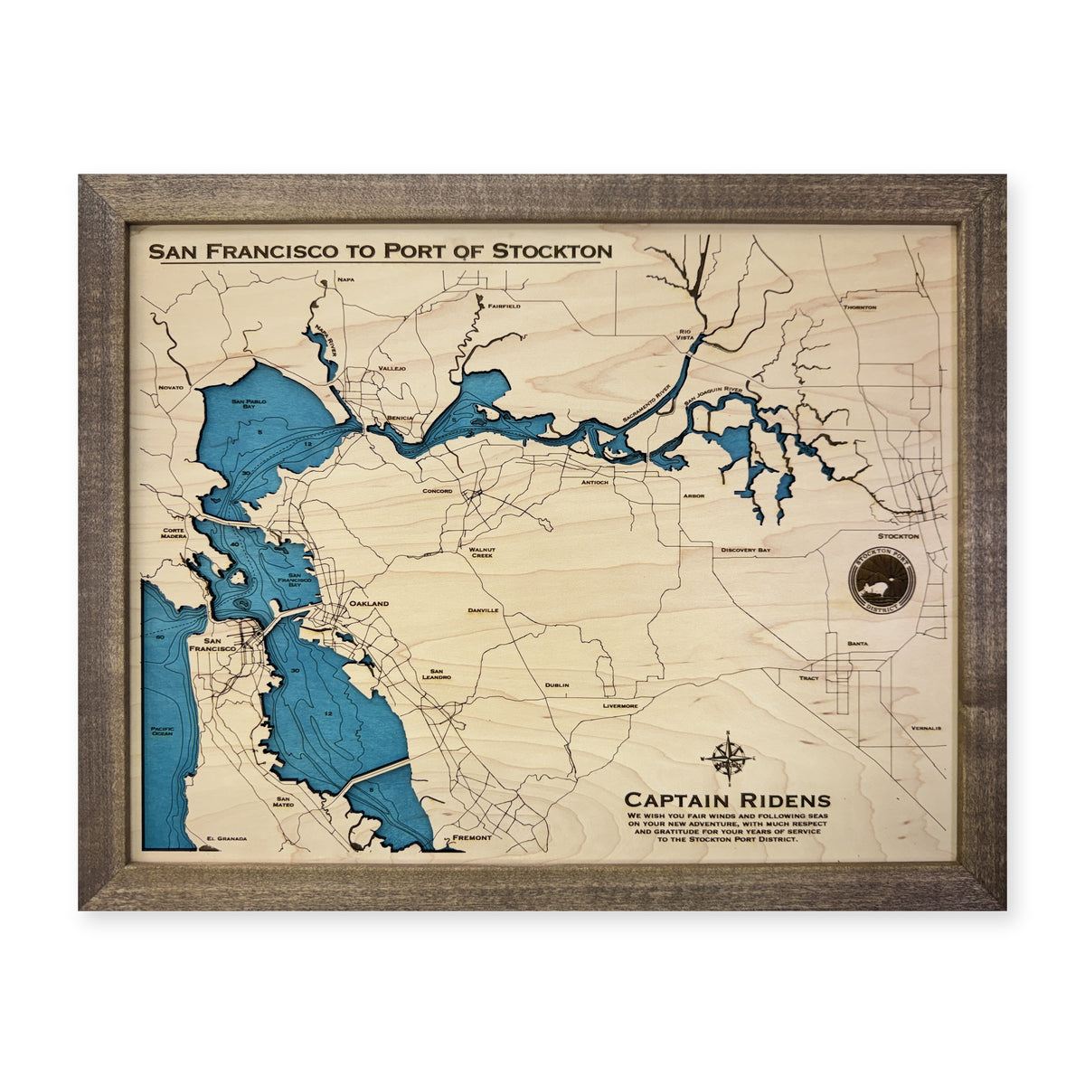 San Francisco to Port of Stockton California Wood Map — plain-background photo [MC20261007 q0465 0f9796396c60]