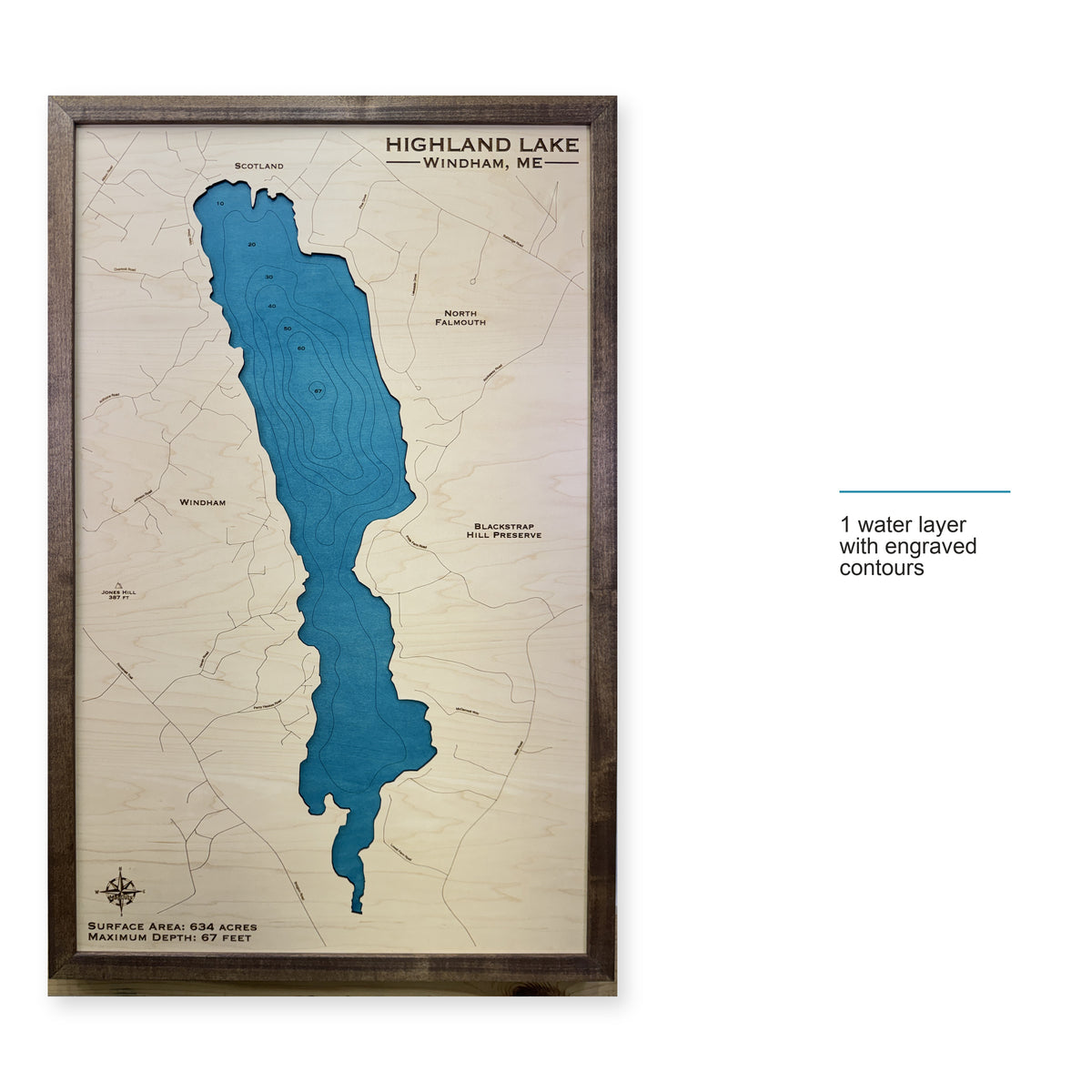 Highland Lake, Windham and Falmouth, Maine Wood Map — style-labeled photo [MC20261007 q0492 e02eb8ddfc15]