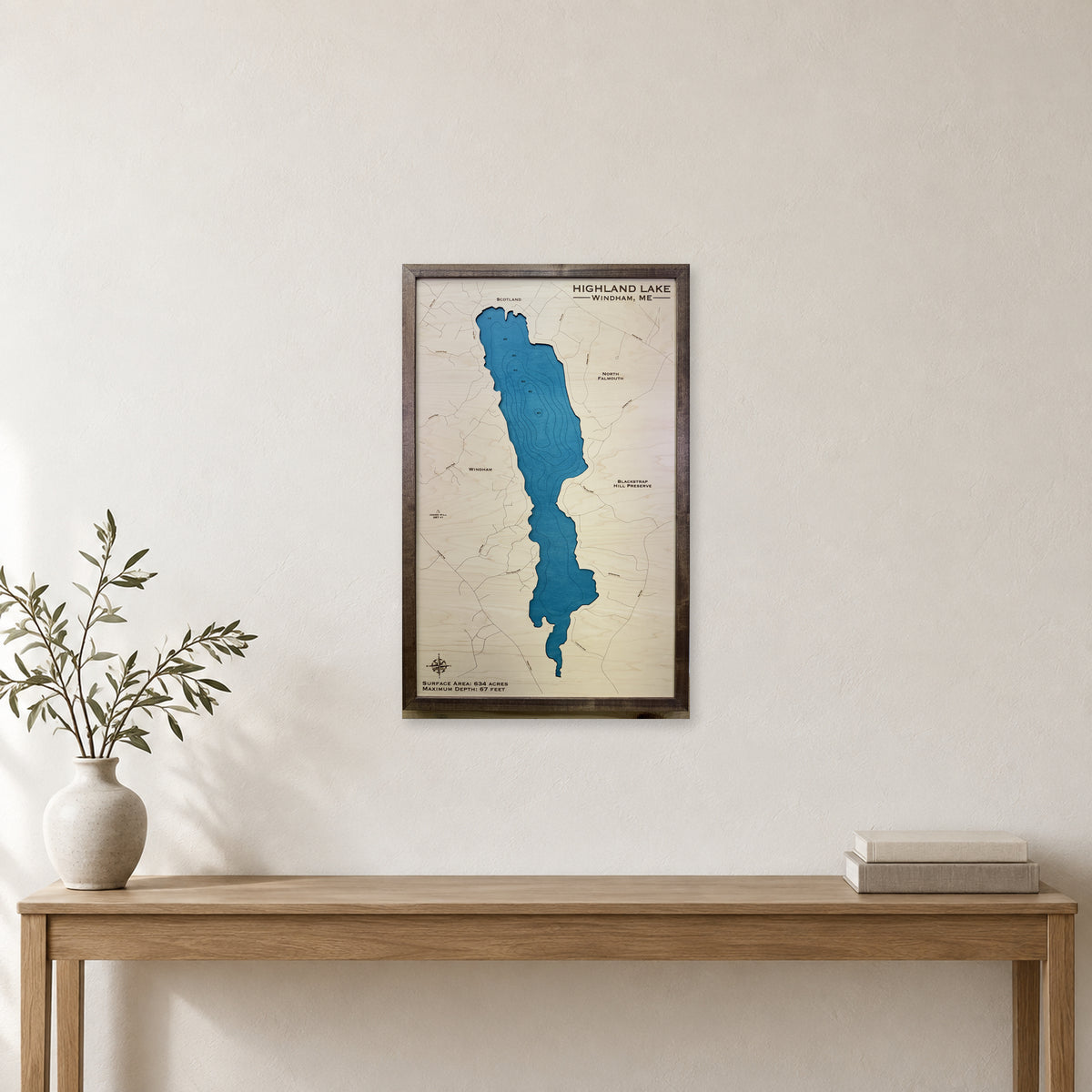 Highland Lake, Windham and Falmouth, Maine Wood Map — room mockup [MC20261007 q0492 a5c216c8ae44]