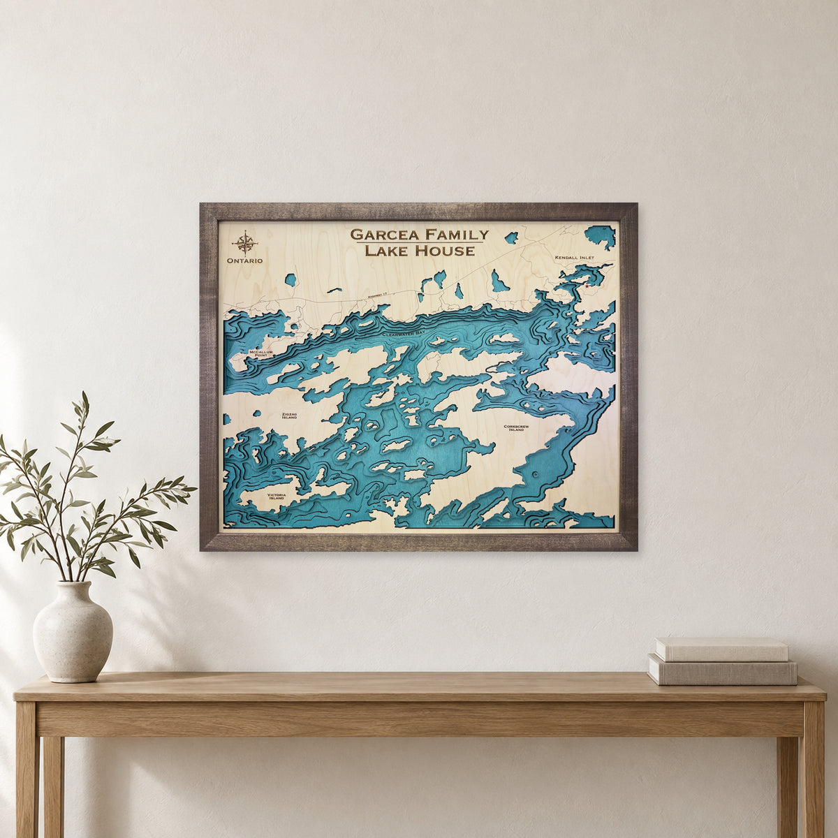 Clearwater Bay Ontario Canada Wood Map — room mockup [MC20261007 q0496 8c40d612a4be]