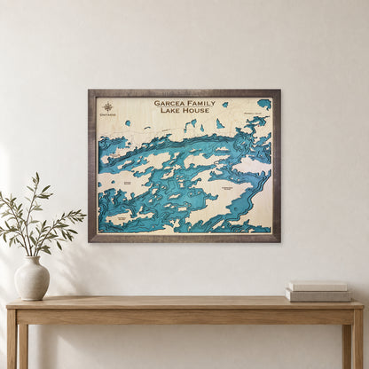 Clearwater Bay Ontario Canada Wood Map — room mockup [MC20261007 q0496 8c40d612a4be]