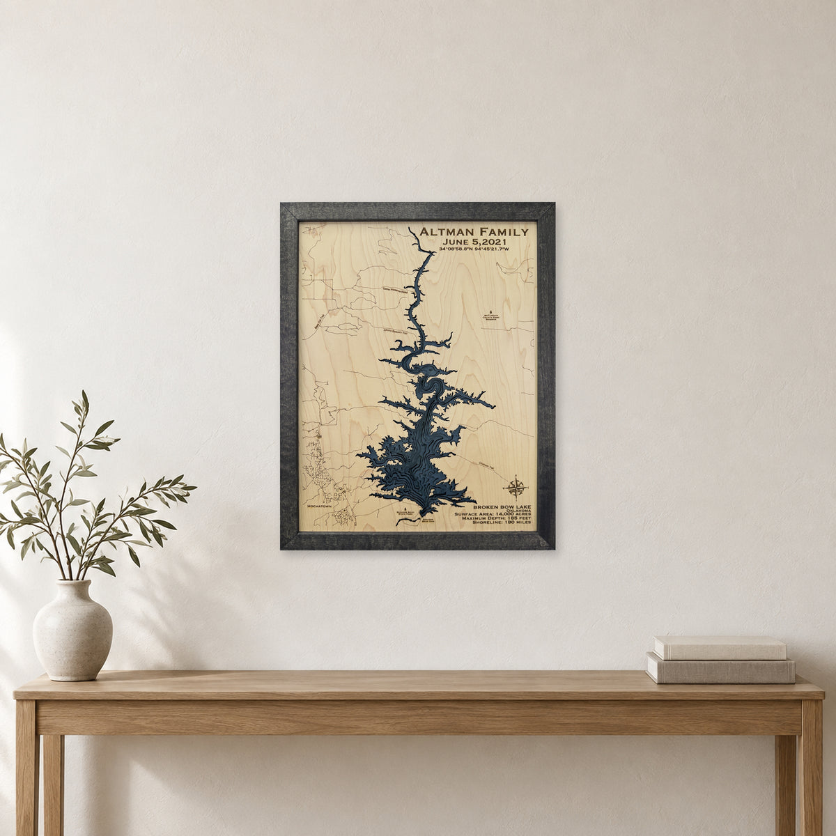 Broken Bow Lake Oklahoma Wood Map — room mockup [MC20261007 q0498 87b2fa080f6c]
