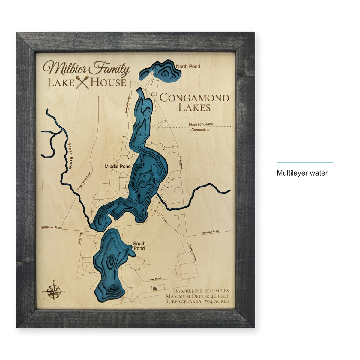 Congamond Lakes, Massachusetts and Connecticut Wood Map — style-labeled photo [MC20261007 q0506 30fe397887e2]